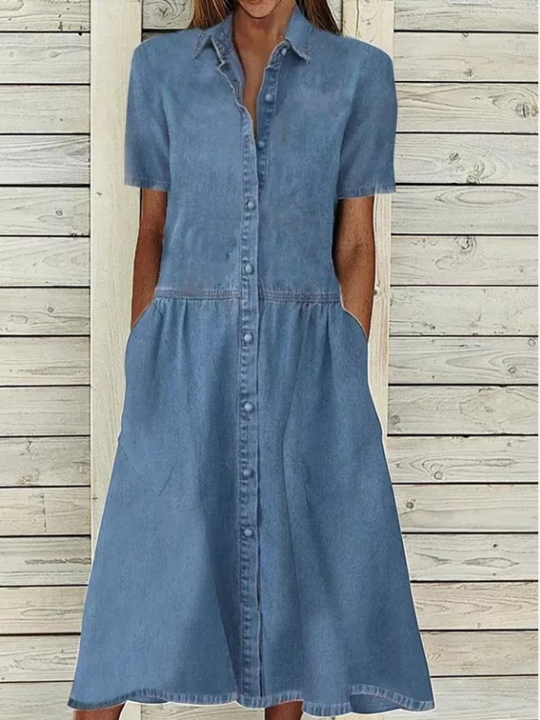 Womens Denim Dress Solid Single Breasted Pocket Slim Fit Long Midi Denim Dress