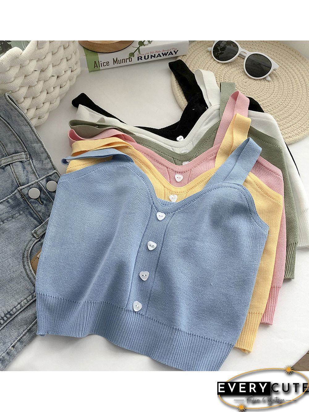 Heliar Tops Women Crop Tops Summer Plain Button Up Cute Knitted Tops Tank Tops For Women New Fashion