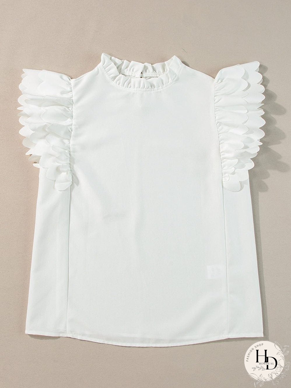 White Mock Neck Blouse with Ruffles