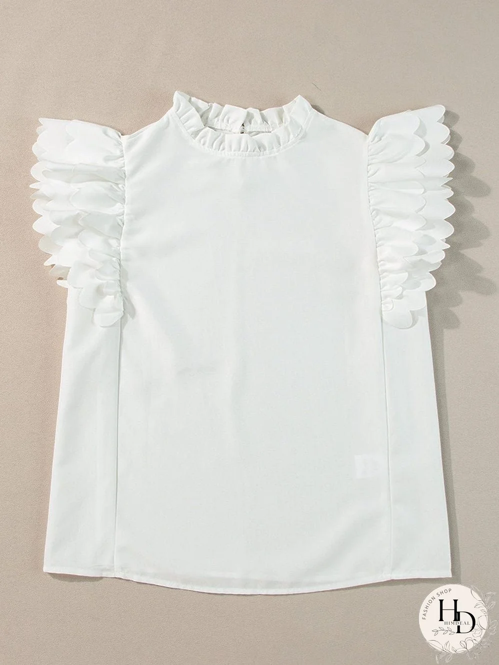White Mock Neck Blouse with Ruffles