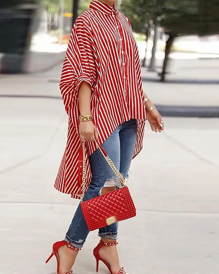 Brownm Button Comfortable Versatile Loose Striped Shirt