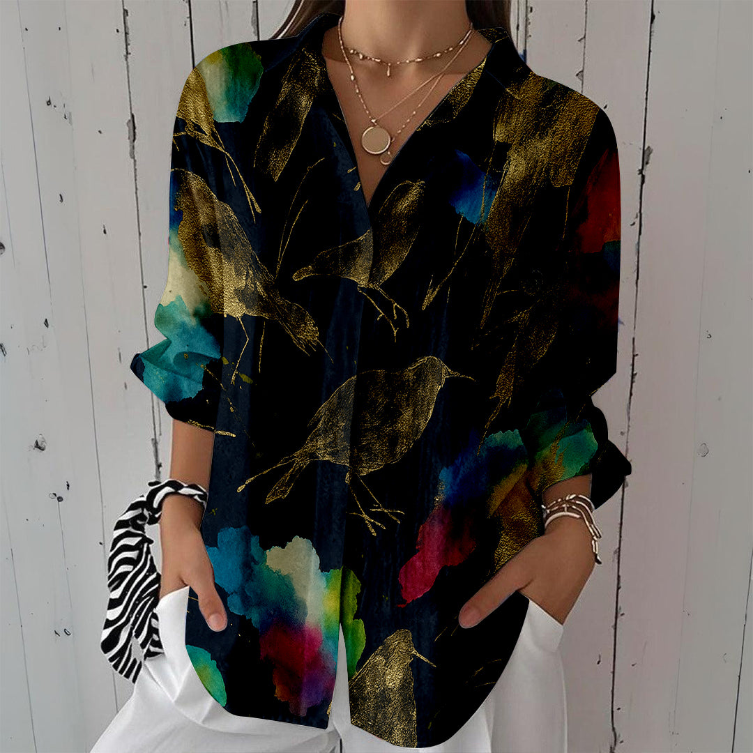 Women Long Sleeve V-neck Graphic Floral Printed Top