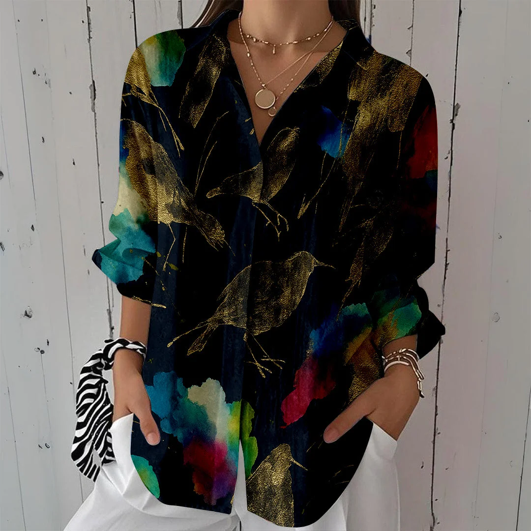 Style & Comfort for Mature Women Women Abstract, Black, Colorful DZCL0217 3/4 Sleeve Shirt Collar Printed Button Tops