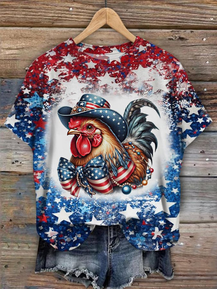 Comstylish Women's Independence Day Rooster Print Casual T-Shirt