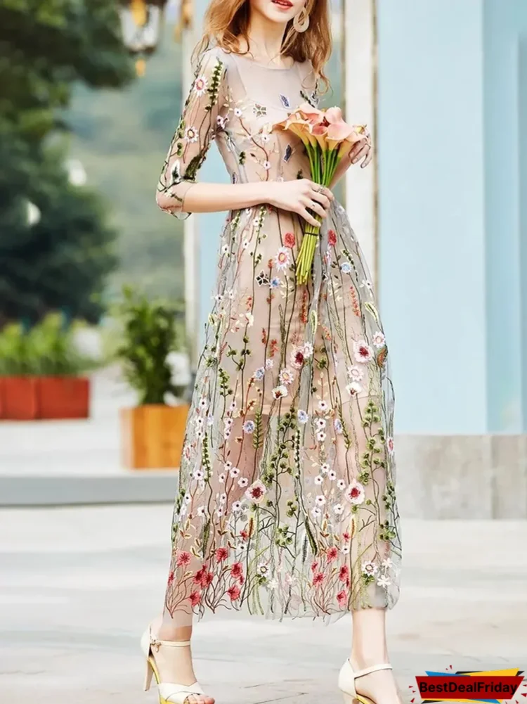 Apricot 3 4 Sleeve Vintage Embroidered Maxi Dress P116794