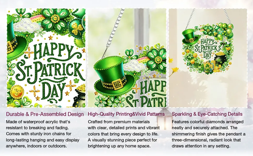 St Patricks Wreath DIY 2D Flat Acrylic Diamond Painting Kits 5D Diamond Art Painting Window Pendants for Home Garden Wall Decoration