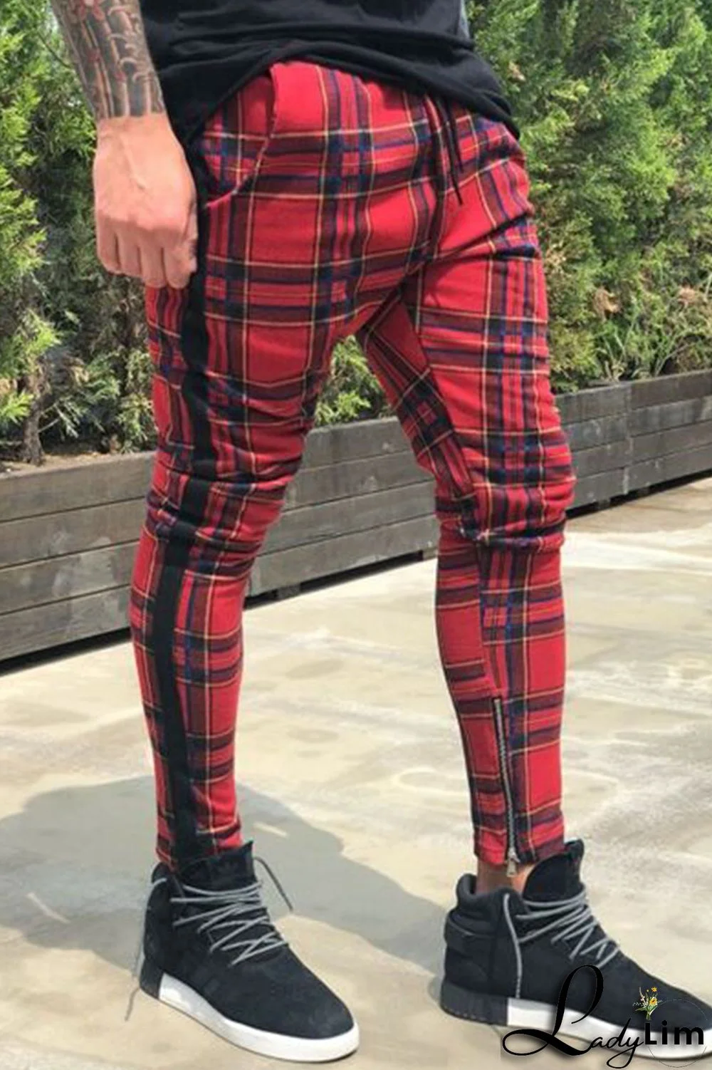 Red Fashion Casual Plaid Split Joint Mid Waist Pencil Bottoms