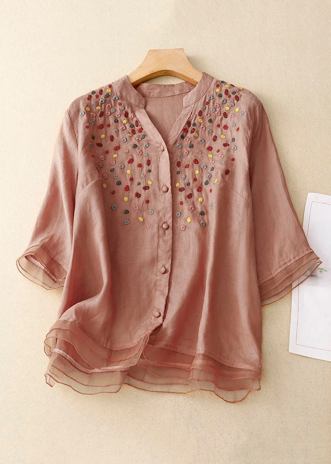 New Pink V Neck Embroideried Button Cotton Top Spring