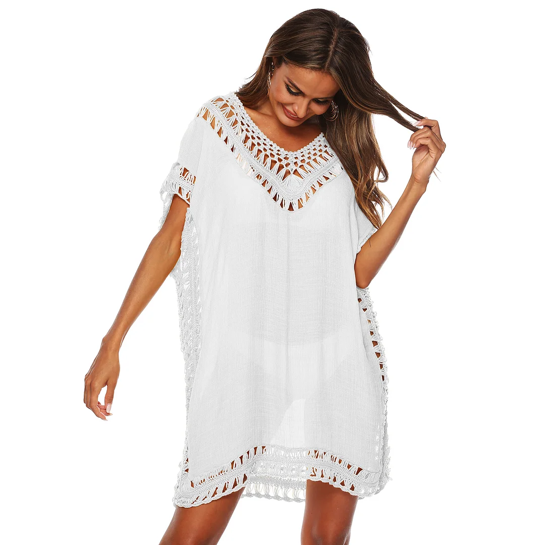 White Crochet Trimming Beach Cover up Dress