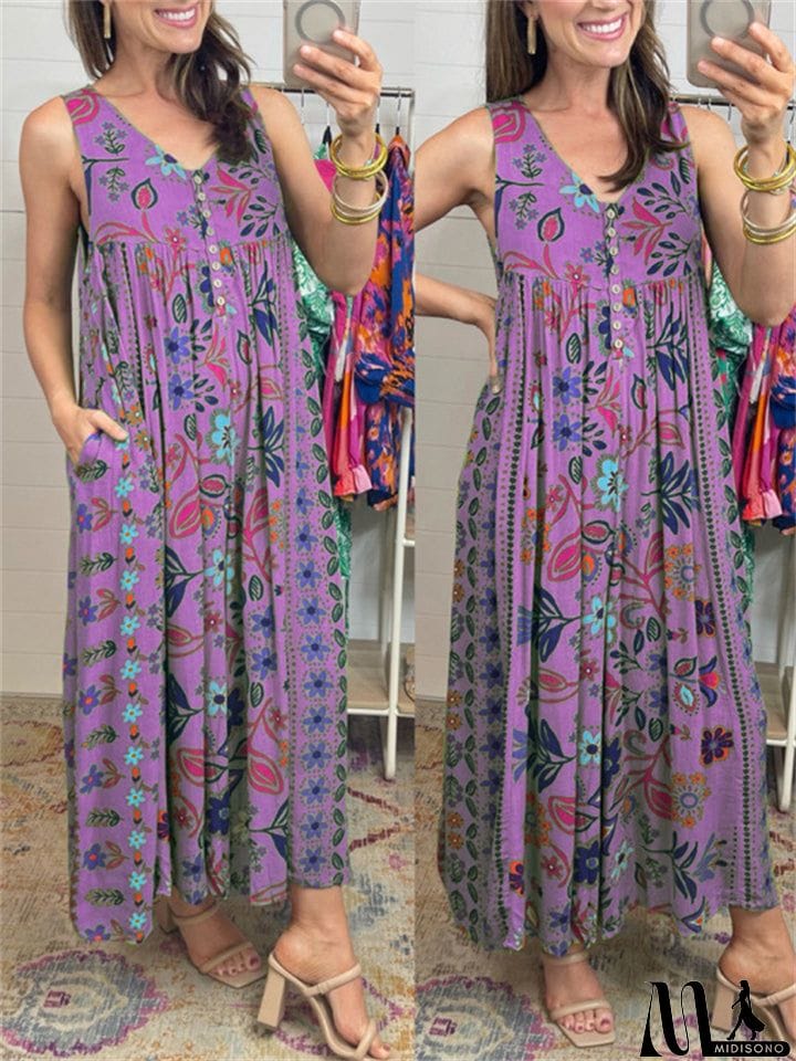 MidiSono - Women's Sleeveless Oversize Vintage Print Wide Leg Jumpsuit