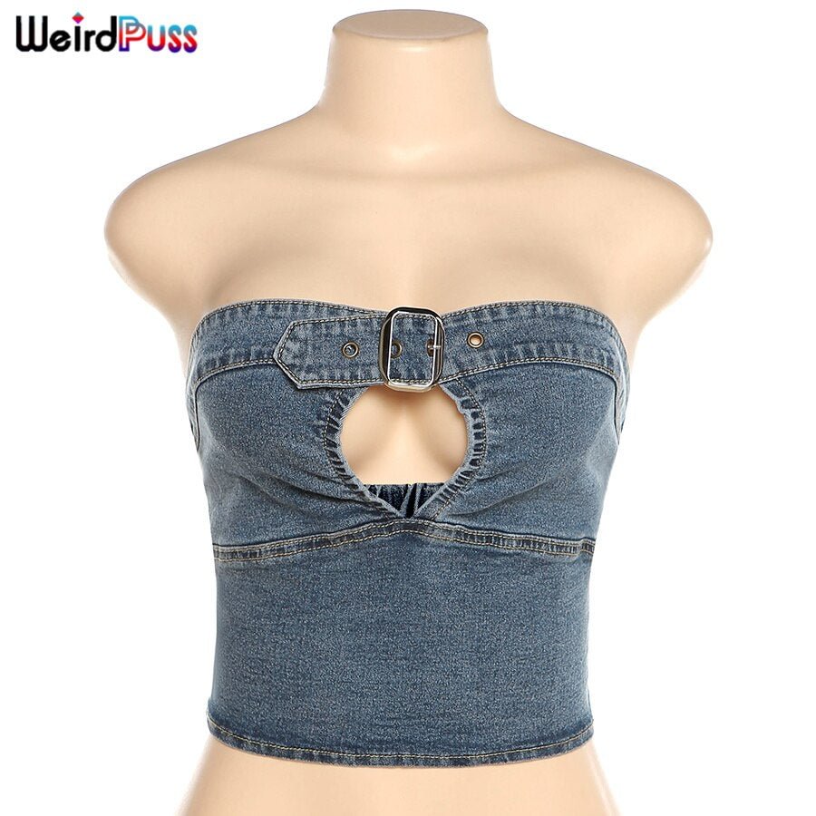 Weird Puss Sexy Hollow Out Corset Top Summer Denim Breast Wrap Sleeveless Vest Adjacent Bust Fashion Backless Skinny Streetwear