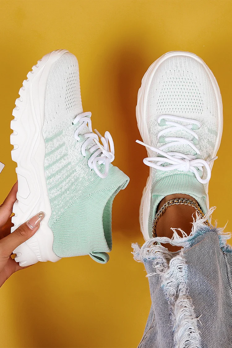 Gradient Color Knitted Casual Round Toe Lace Up Sneakers