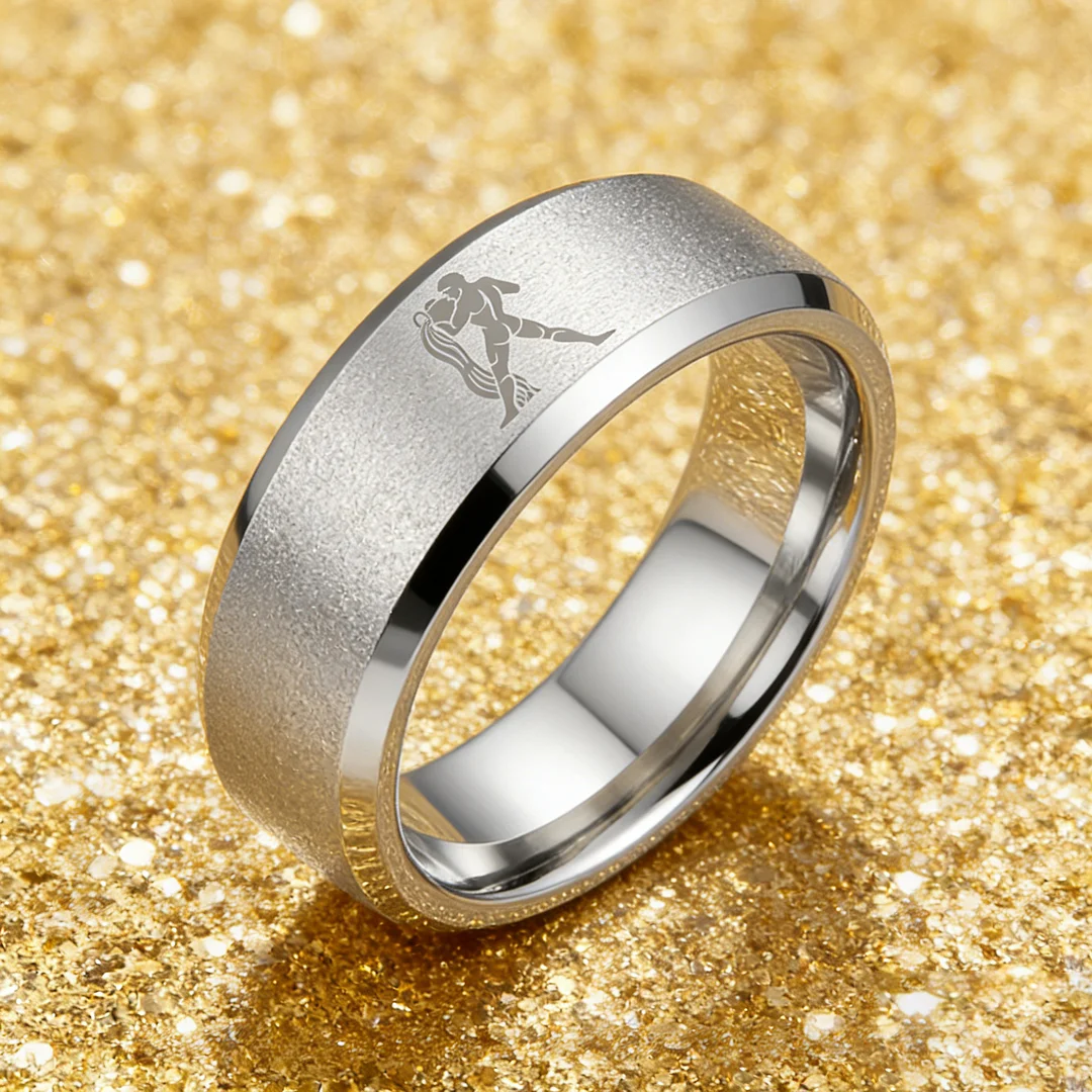 Sliver Aquarius Couple Wedding Band Beveled Edges Sliver Laser Etched Tungsten Carbide Rings 4MM 6MM 8MM Width