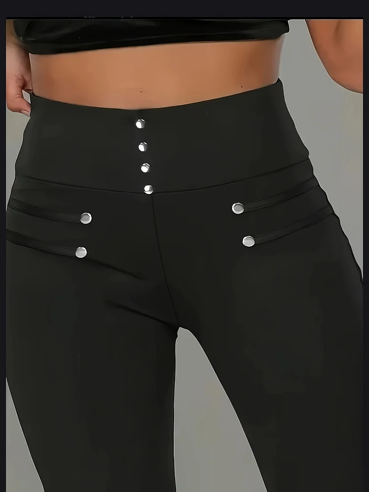 Women's High-Waisted Pants With Button Decoration - Elegant Non-Transparent Trousers, Button-Front Design For Formal & Casual Outfits - All-Season Everyday & Special Occasion Pants - Women's Elegant Legwear, Versatile Clothing, Nontransparent Fabric