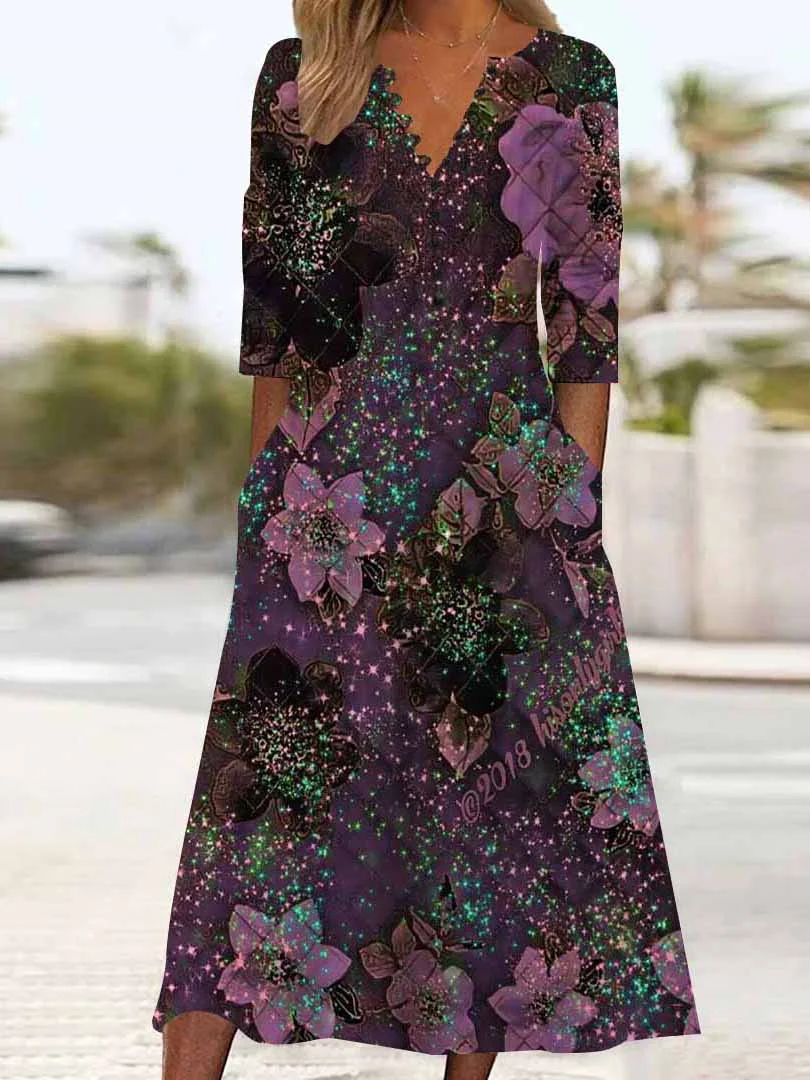 Women Floral,Purple DZHB8375 Long Sleeve V-Neck Graphic Printed Midi Dress