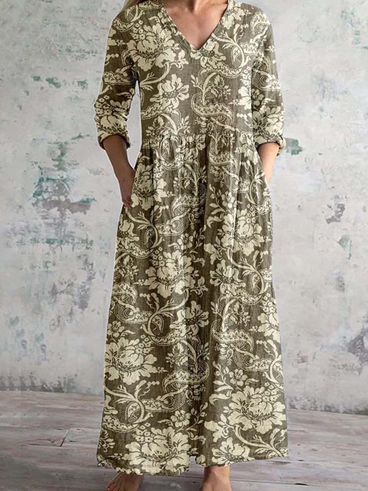 Comstylish Vintage Floral Print V-Neck Casual Loose Midi Dress