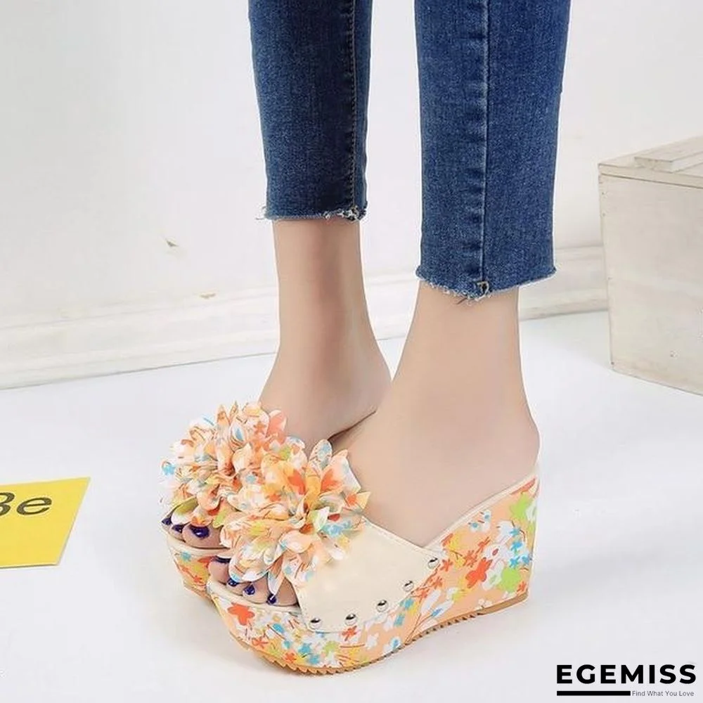 Women Thick Floral Flower Wedge Sandals High Heel Slipper Sandal Shoes | EGEMISS