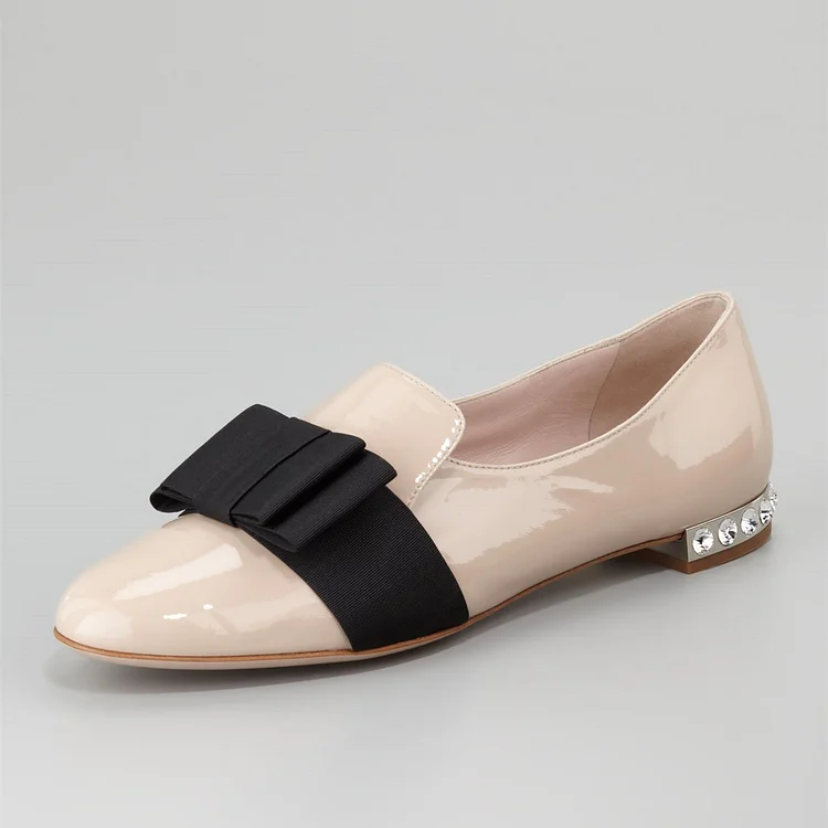 Nude Bow Patent Leather Flat Loafers For Women |FSJ Shoes