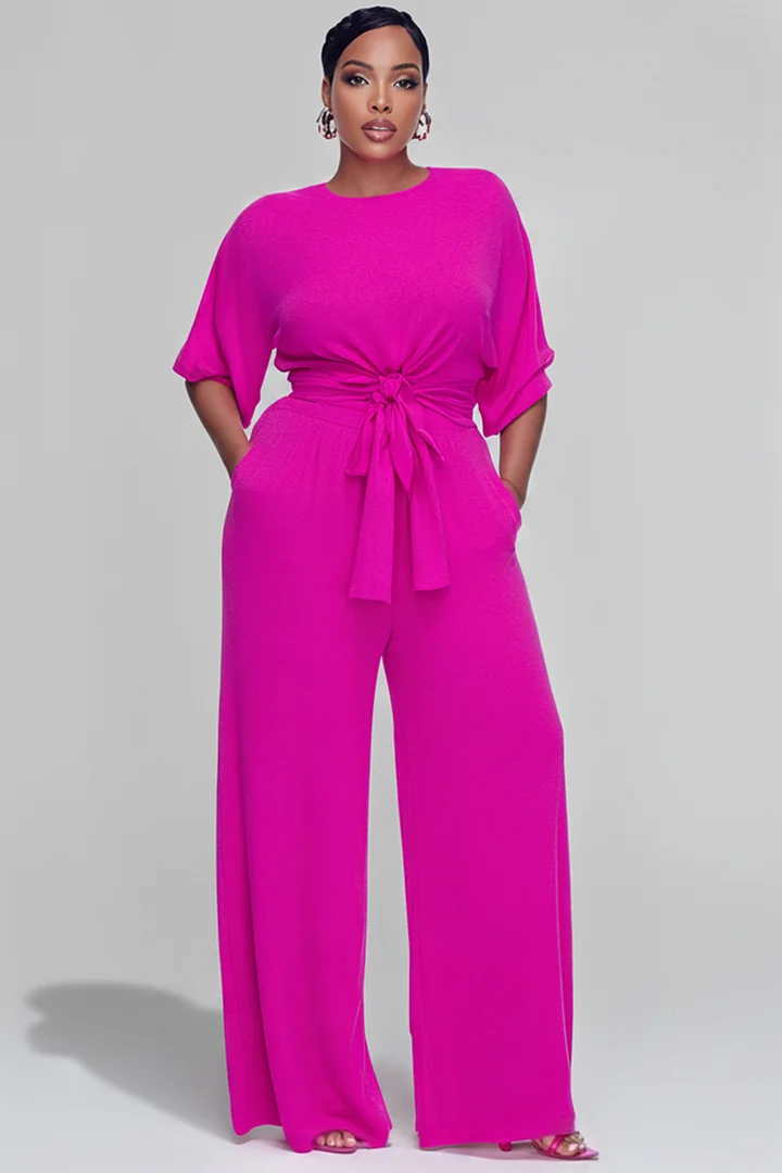 Xpluswear Design Plus Size Daily Casual Hot Pink Round Neck Short Sleeve Pocket Fold Two Piece Pant Sets 2024 - Xpluswear