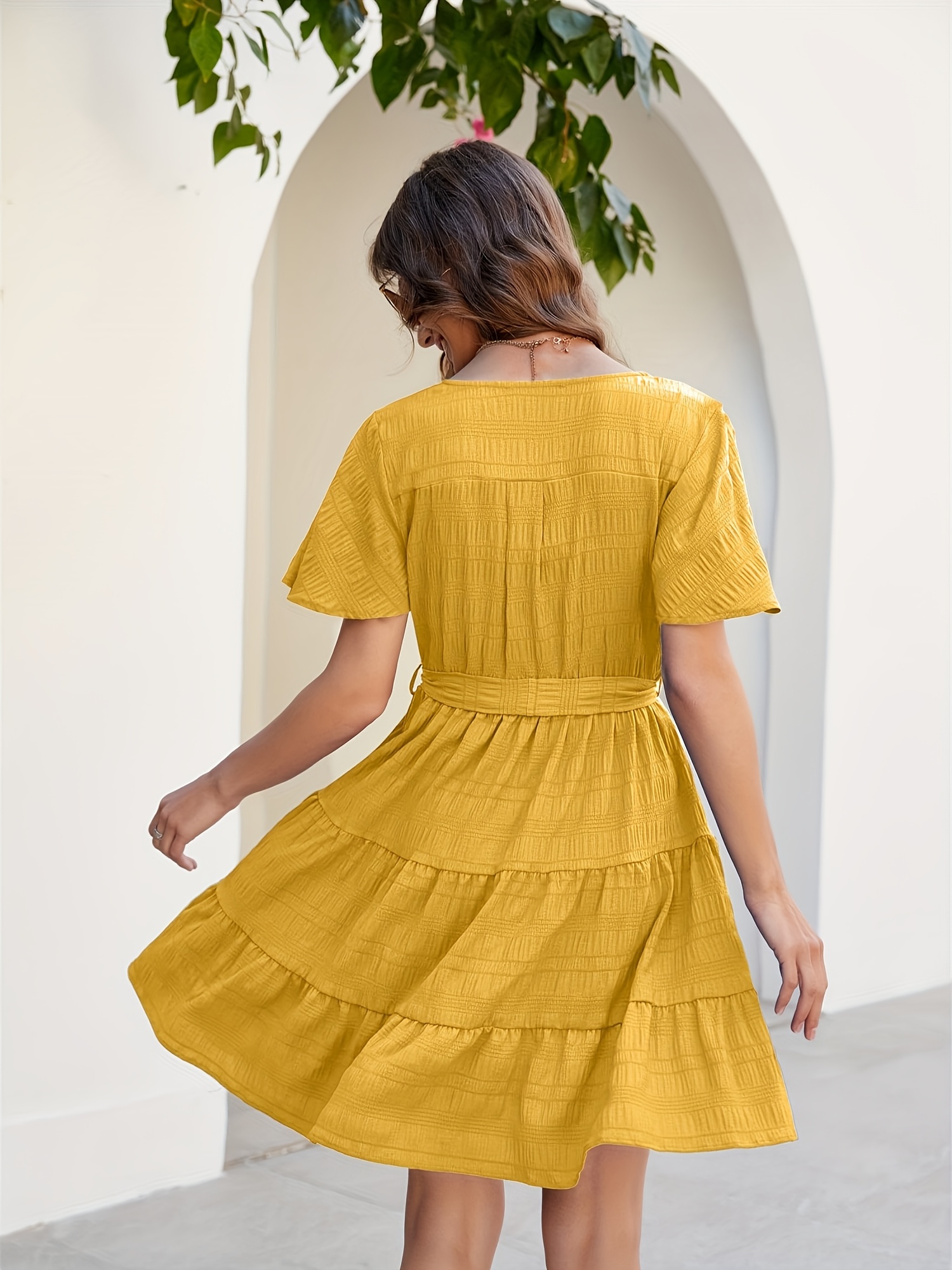Women's Vibrant Yellow A-Line Mini Dress - Casual Summer Wrap V-Neck With Ruffle Sleeves, Flowy Tiered Sundress For Vacation, Lightweight Polyester Blend, Machine Washable, Relaxed Fit Clothing | Aline Silhouette | Summer Wear, Summer Dresses