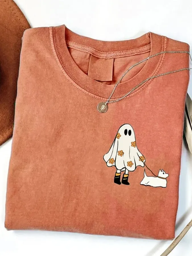 Women's Ghost Walking Dog Halloween Round Neck Sweater 