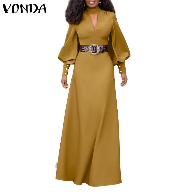 Elegant V Neck Dress 2022 VONDA Women Vintage Puff Sleeve Party Maxi Long Dress Casual Zipper Long Maxi Vestido Robe Femme