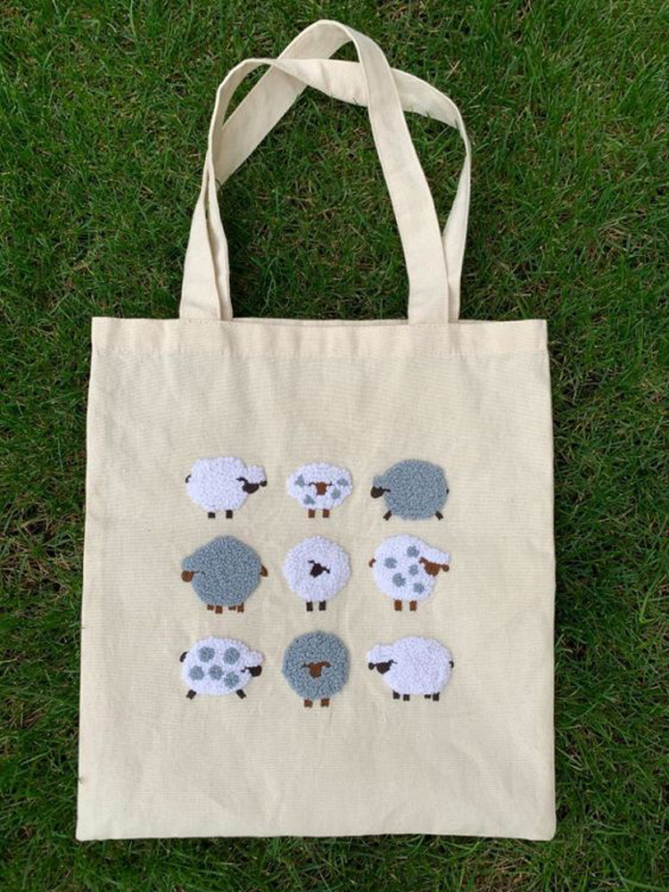 Comstylish Cute Sheep Farm Animal Embroidery Pattern Canvas Bag