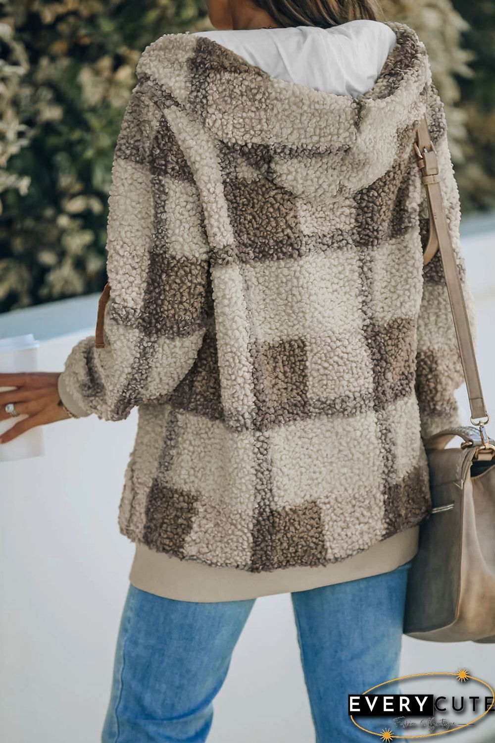 Khaki Plaid Print Zipper Fleece Hooded Coat