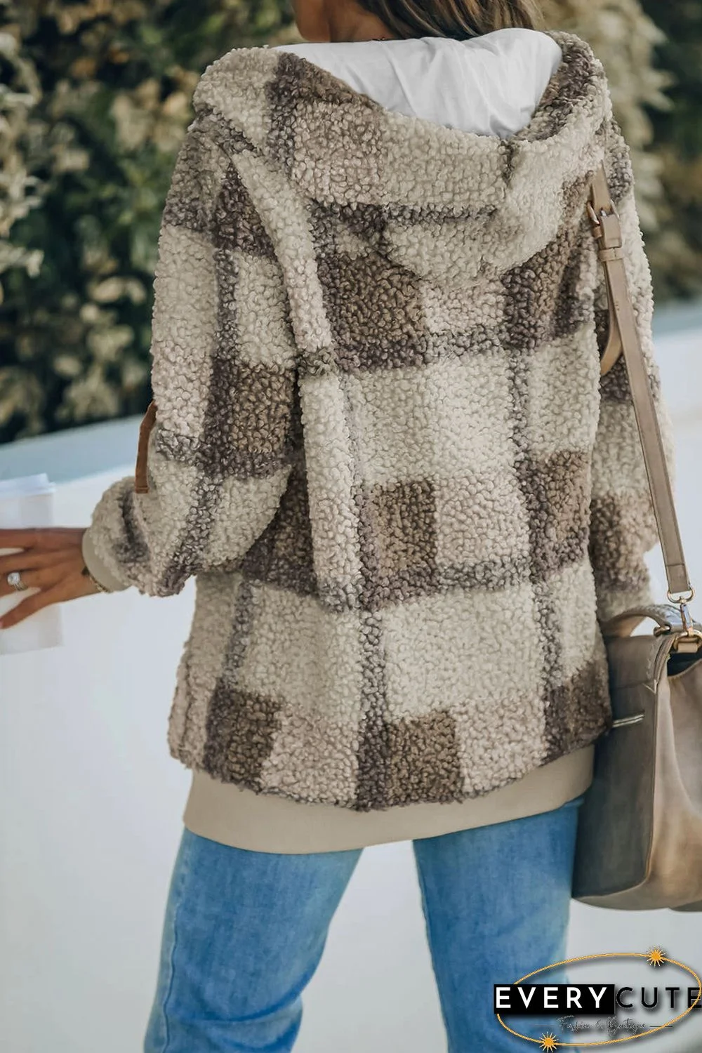 Khaki Plaid Print Zipper Fleece Hooded Coat