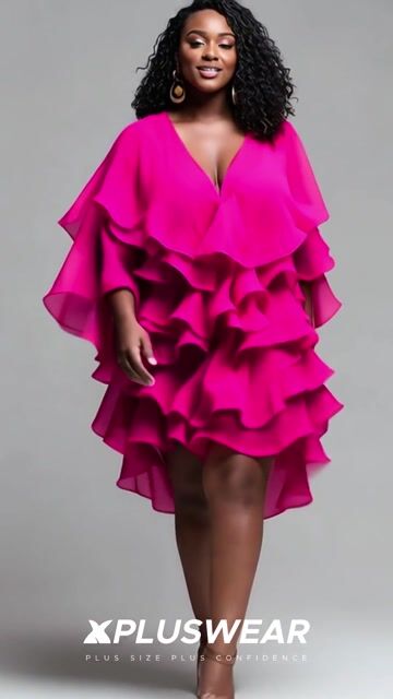 Xpluswear Design Plus Size Party Hot Pink V Neck Half Sleeve Ruffle Tiered Mini Dresses 2024 - Xpluswear