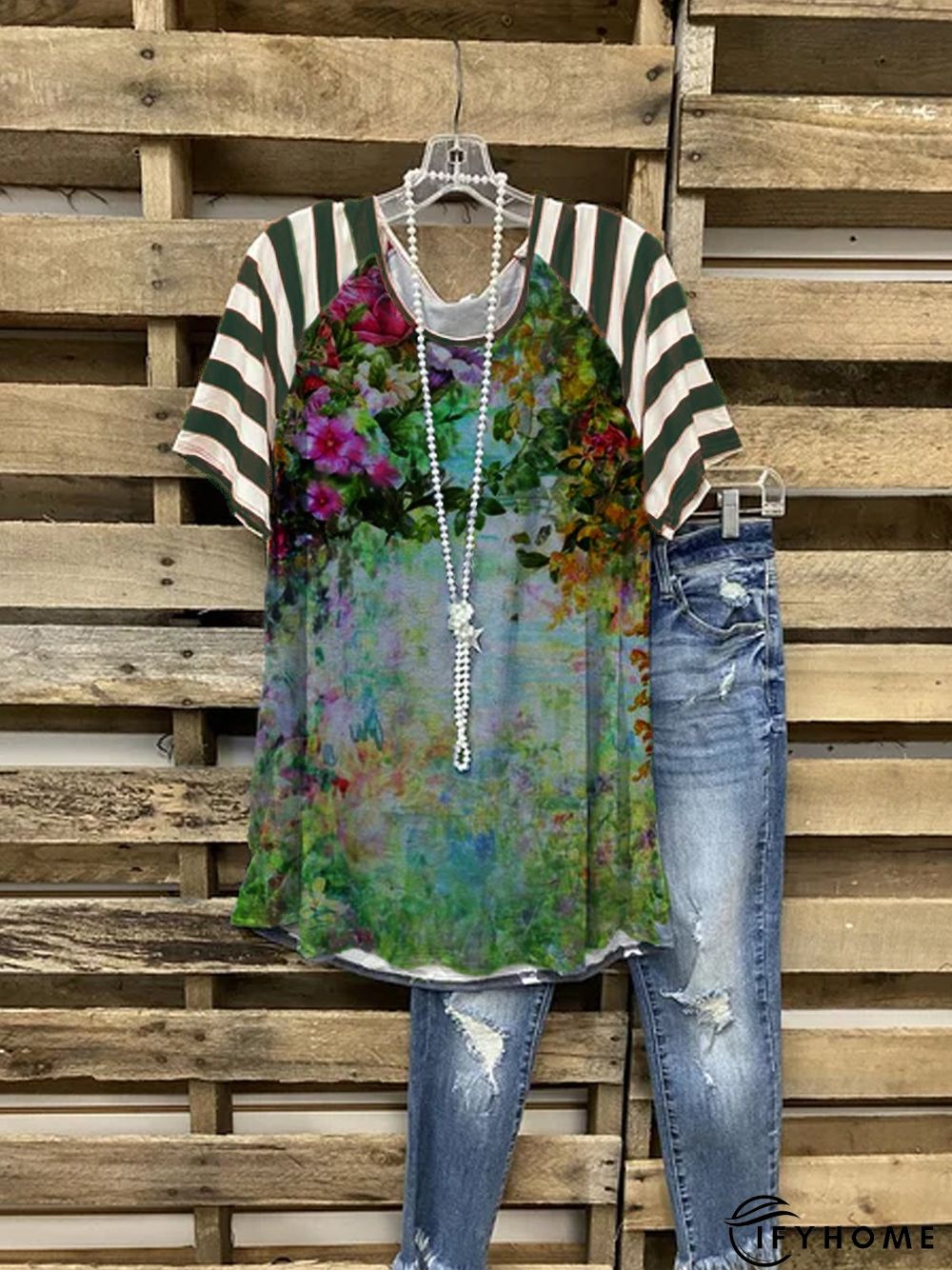 Plus Size Crew Neck Cotton-Blend Short Sleeve Vintage Floral T-shirt | IFYHOME