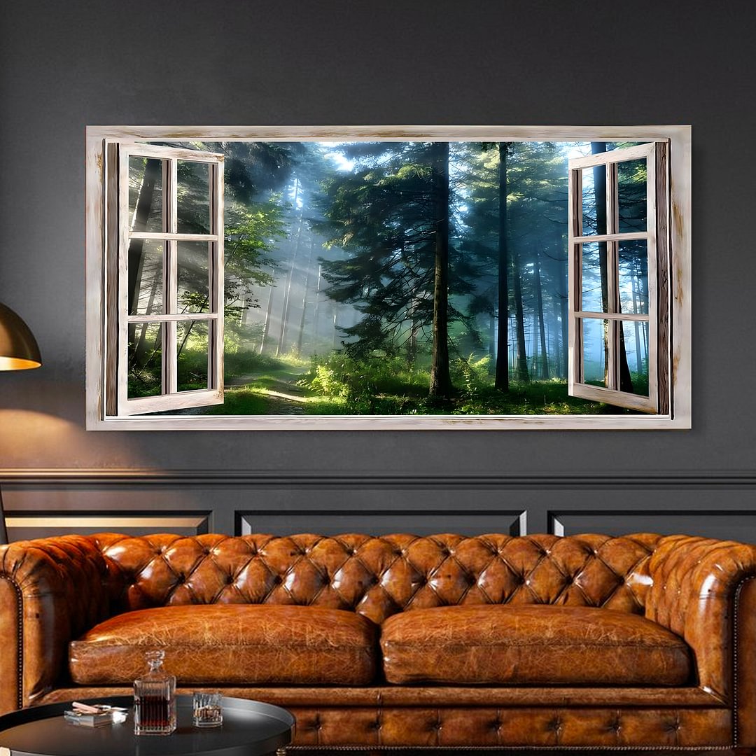 Green Forest Window Canvas Wall Art