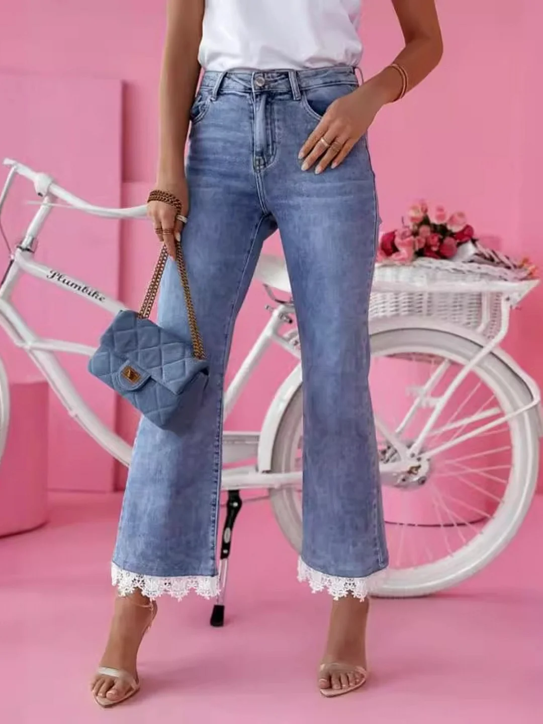 2025 High-Waist Flared Jeans For Women - Vintage Style, Light Blue, Stretch Fabric, Tassel Detail, Zipper Fly, Casual Long Pants For All Seasons, Casual Wear Jeans | Fit Jeans | Tassel Detail Jean | IFYHOME