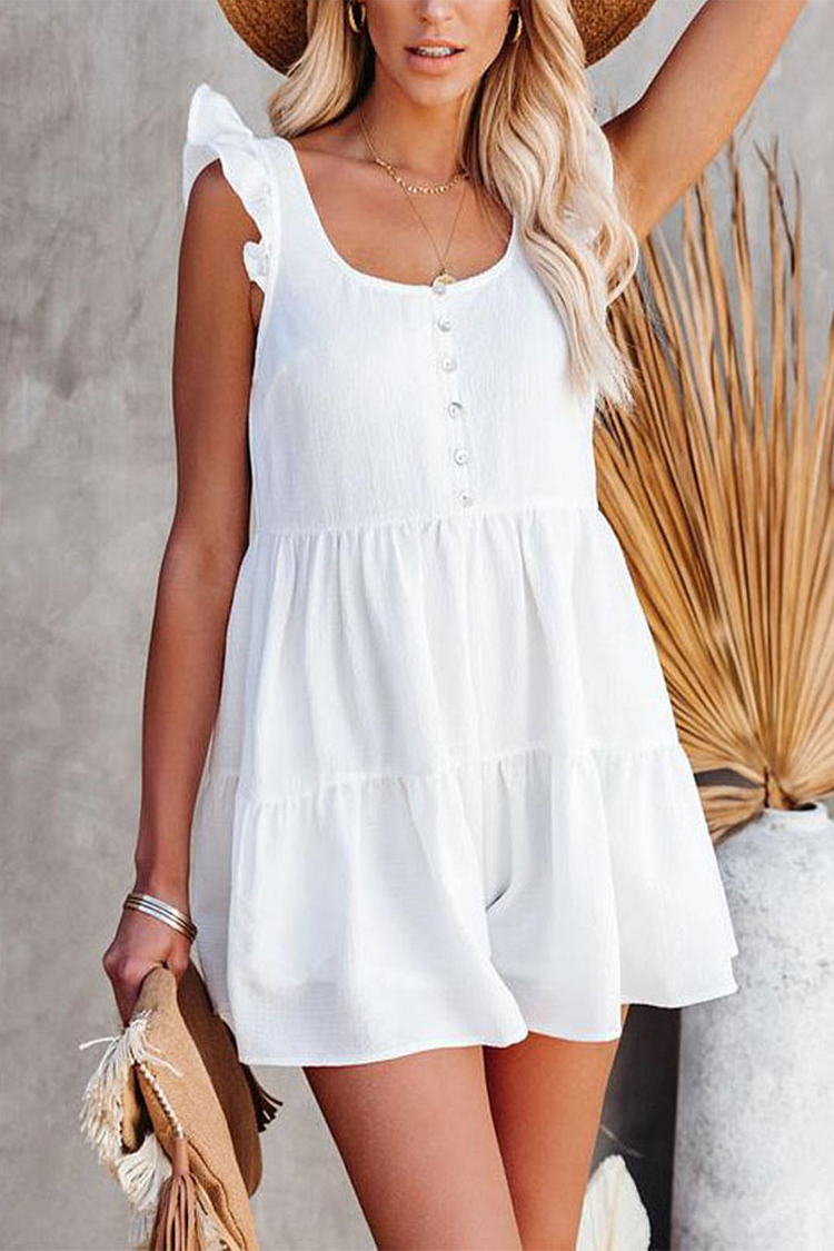 Scallop Sleeve Button Casual Loose Romper Short Jumpsuit