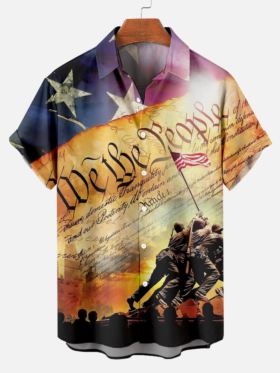 Men's flag pattern printed with Memorial Day and Independence Day themed short sleeved shirts PLUSCLOTHESMAN