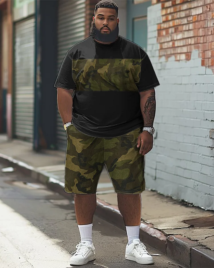 Men's Plus Size Colorblock Camouflage Print T-Shirt Shorts Suit