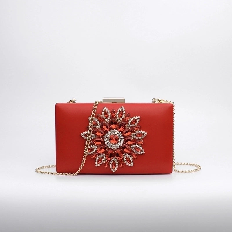 White Red Black Pu Leather Flower Rhinestone Square Evening Bags