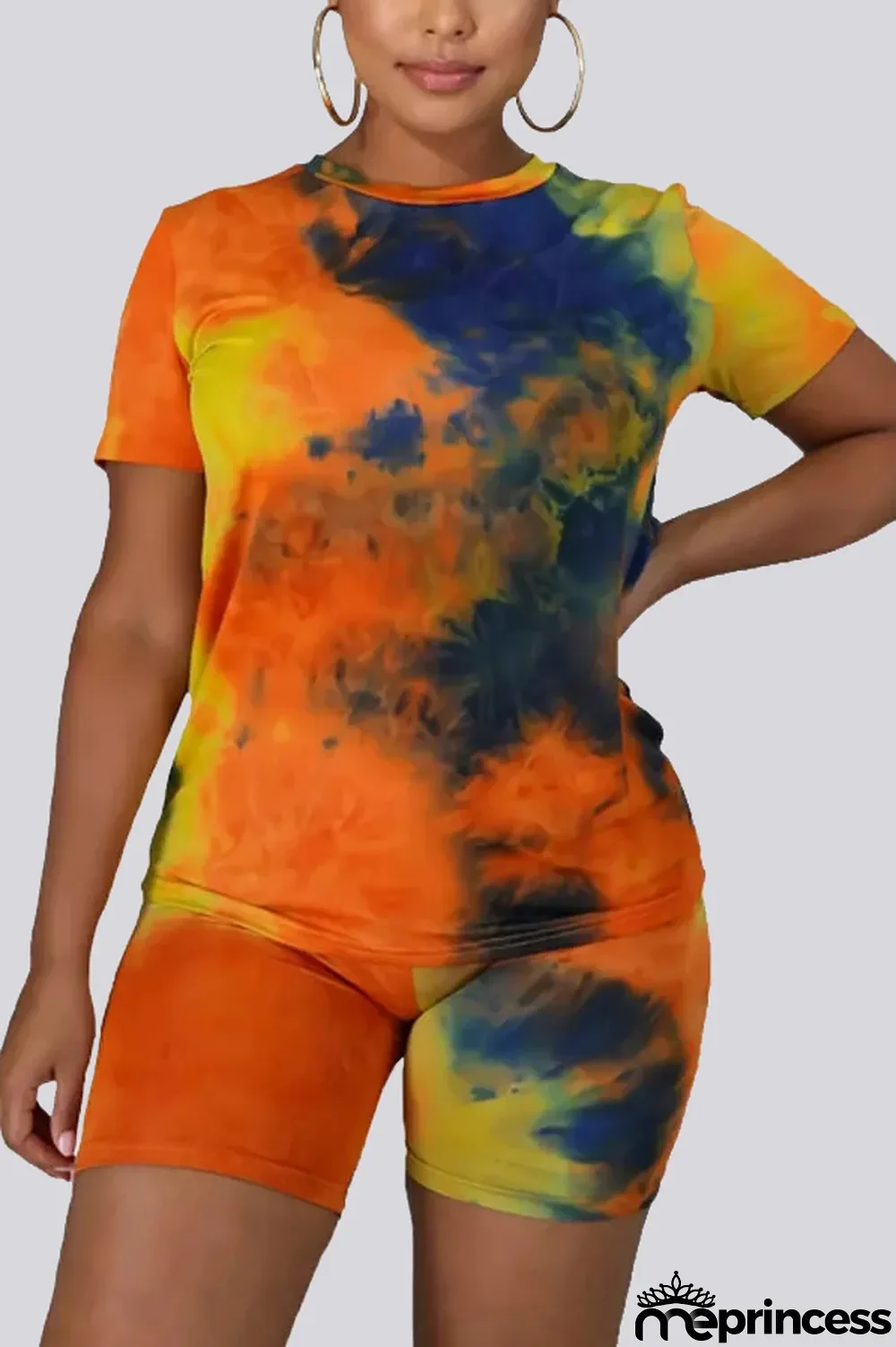 Orange Casual O Neck Print Tie Dye Pattern Plus Size
