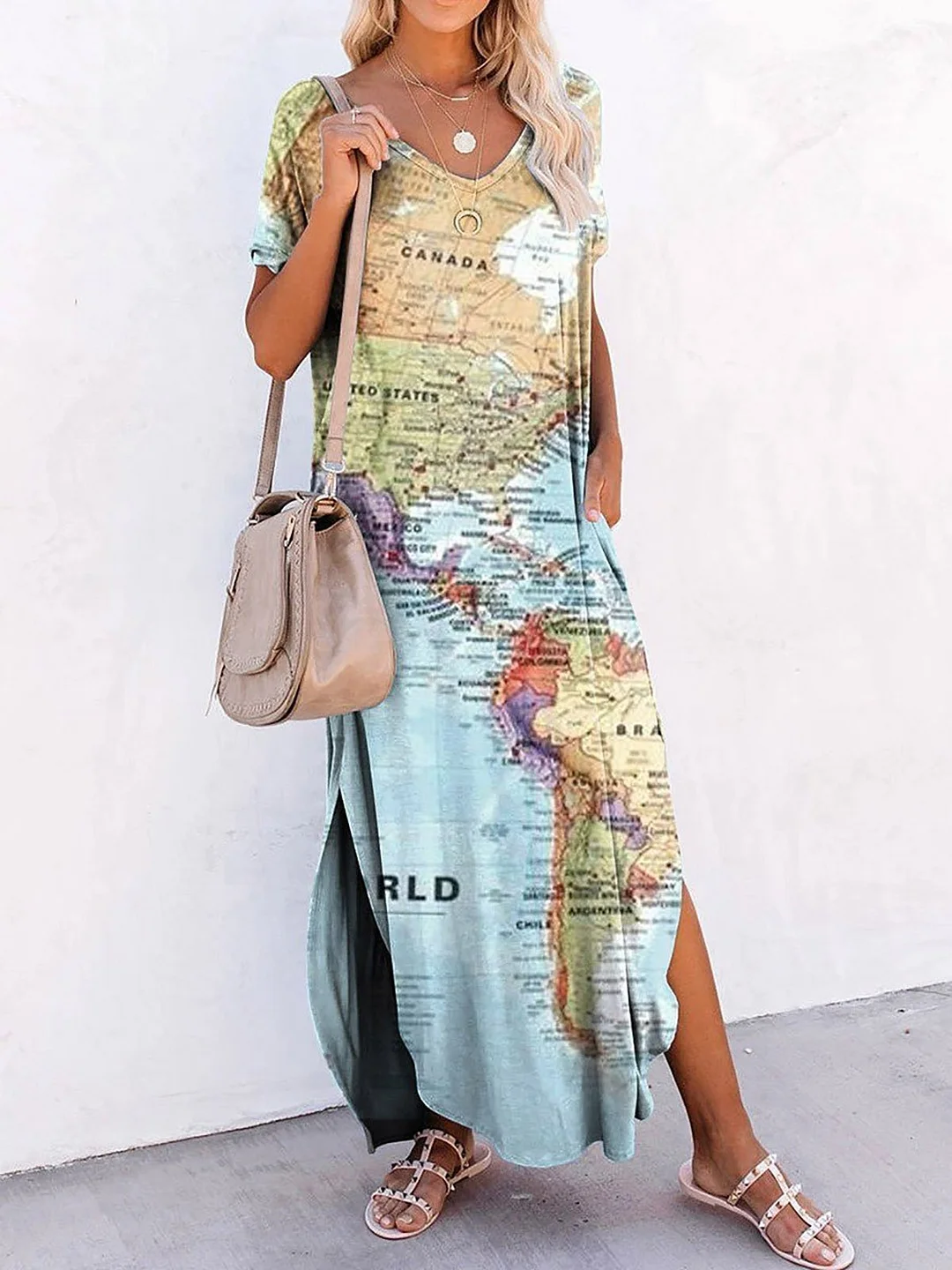 World Map Printing Casual Short Sleeve Maxi Dress