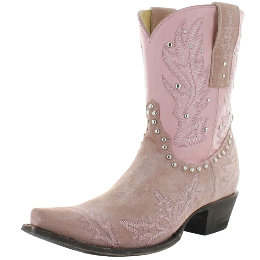 Pink Snip Toe Studded Embroidered Block Heel Cowboy Boots for Women