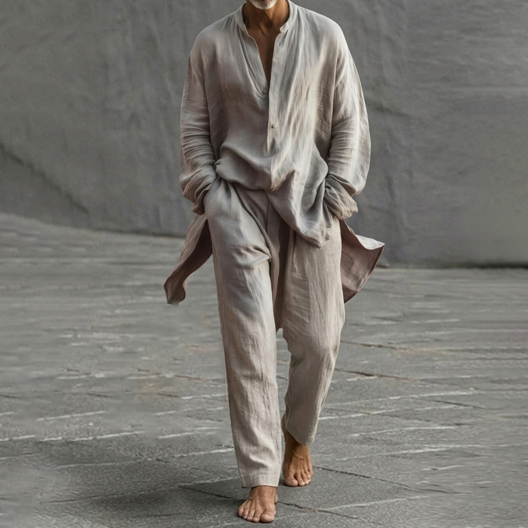 Comstylish Natural Flowing Long Shirt Hem Design Cotton Pants Set