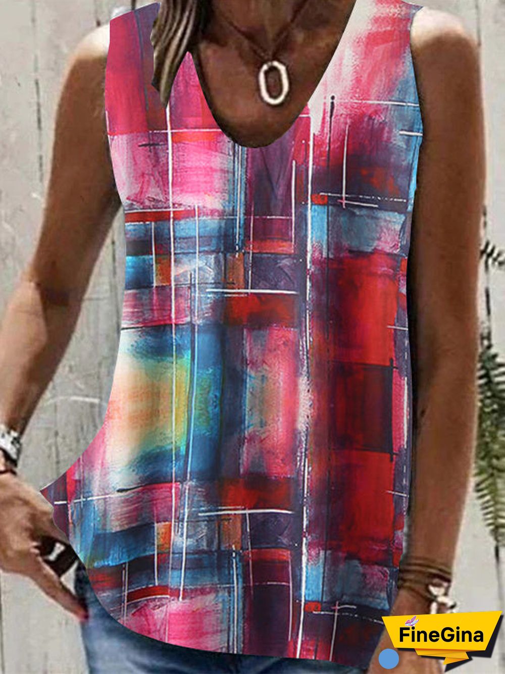 Women Sleeveless V-neck Plaid Tie Dye Top