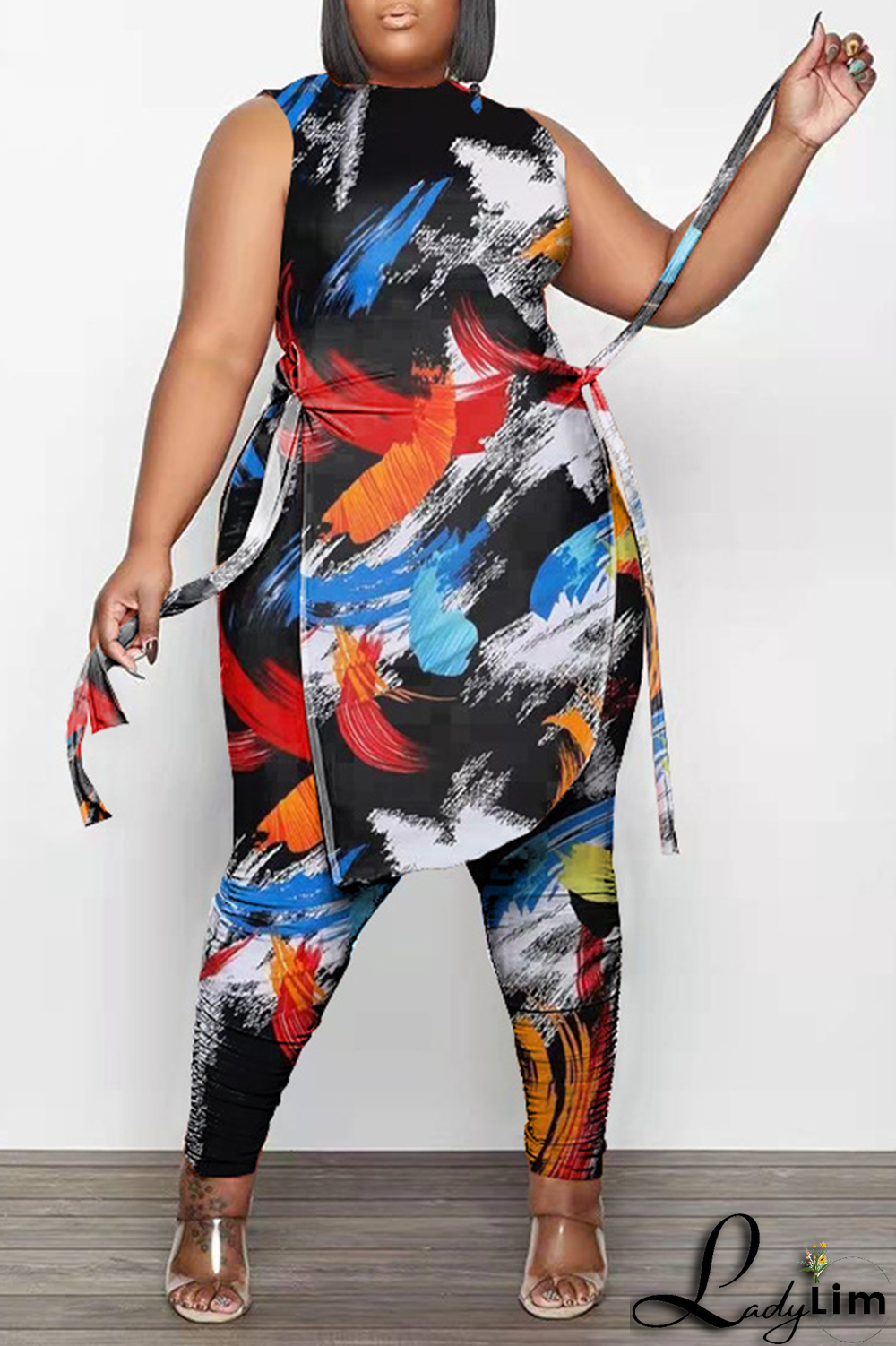 Colour Fashion Print Draw String O Neck Plus Size Two Pieces