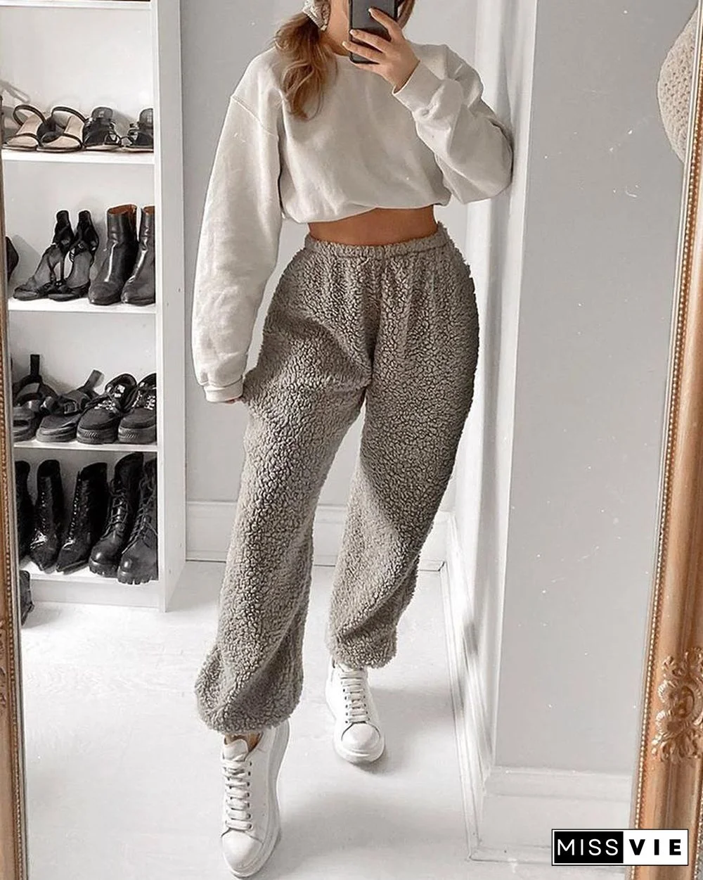 Solid High Waist Fluffy Casual Pants