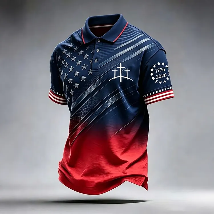 Men's American Flag Cross Faith Print Art Polo Shirt