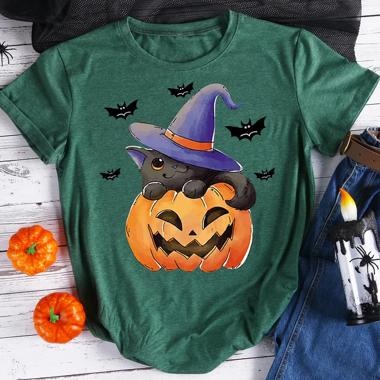 Pumpkin and black cat halloween t shirt tee