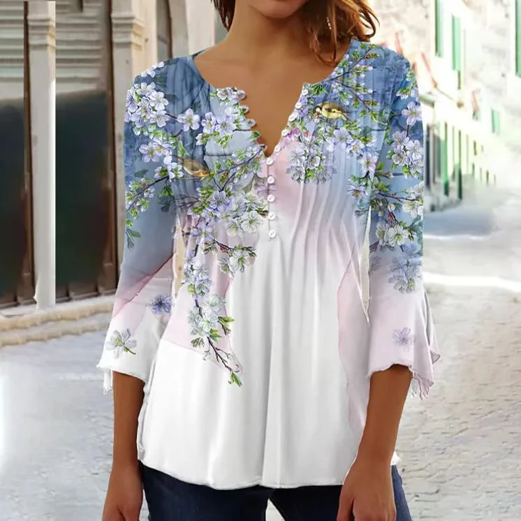 Uveng Wear Floral Printed V-neck Sleeve Pleated Blouses
