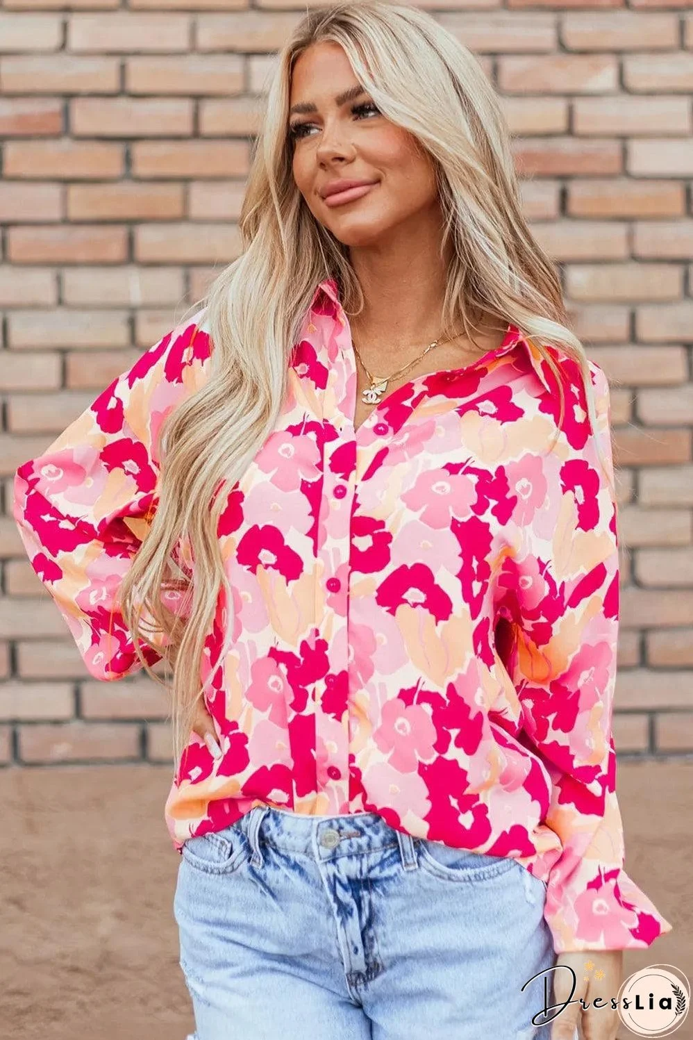 Pink Blooming Floral Print Puff Sleeve Buttoned Shirt