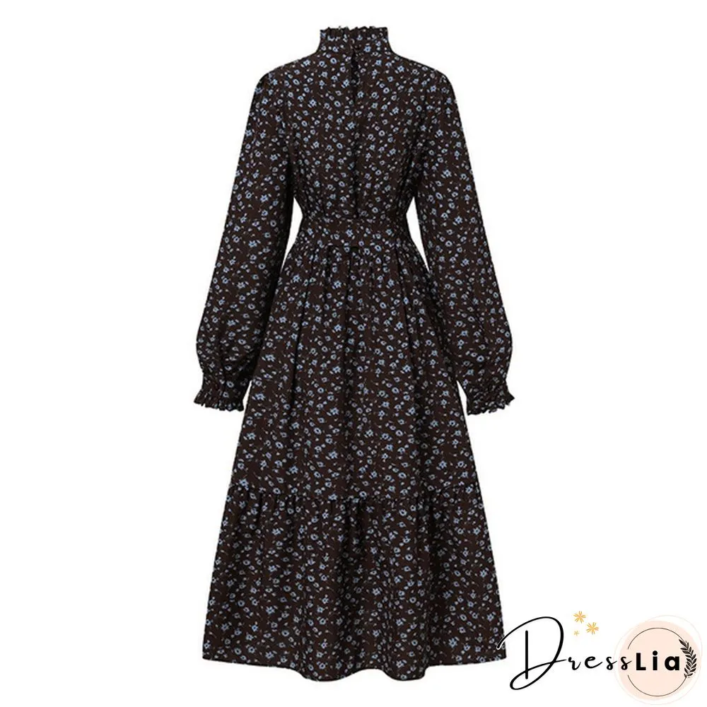 Womens Spring Casual Belt Full Sleeved Kaftan Floral Printed A-Line Party Ruffle Hem Long