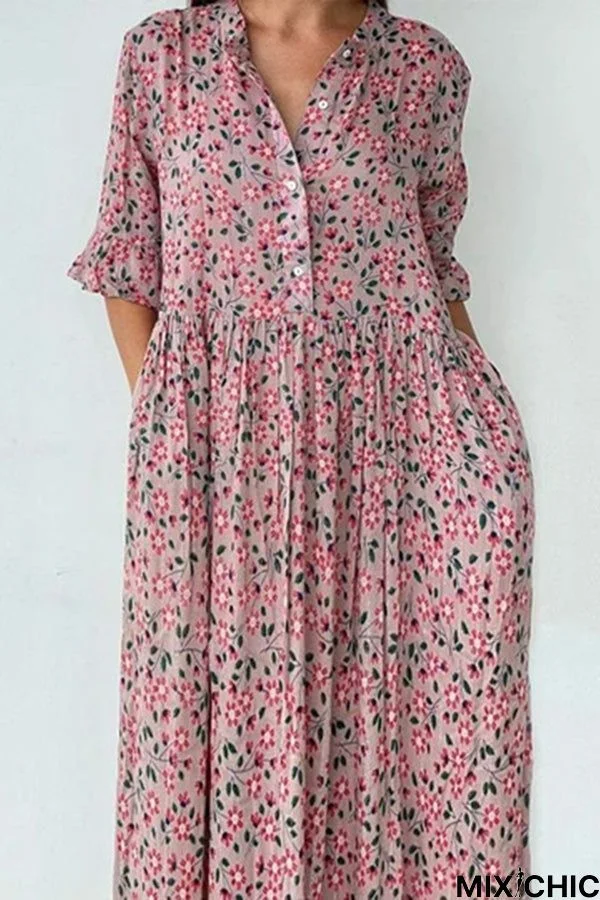 Floral Button Flares Sleeve Dress